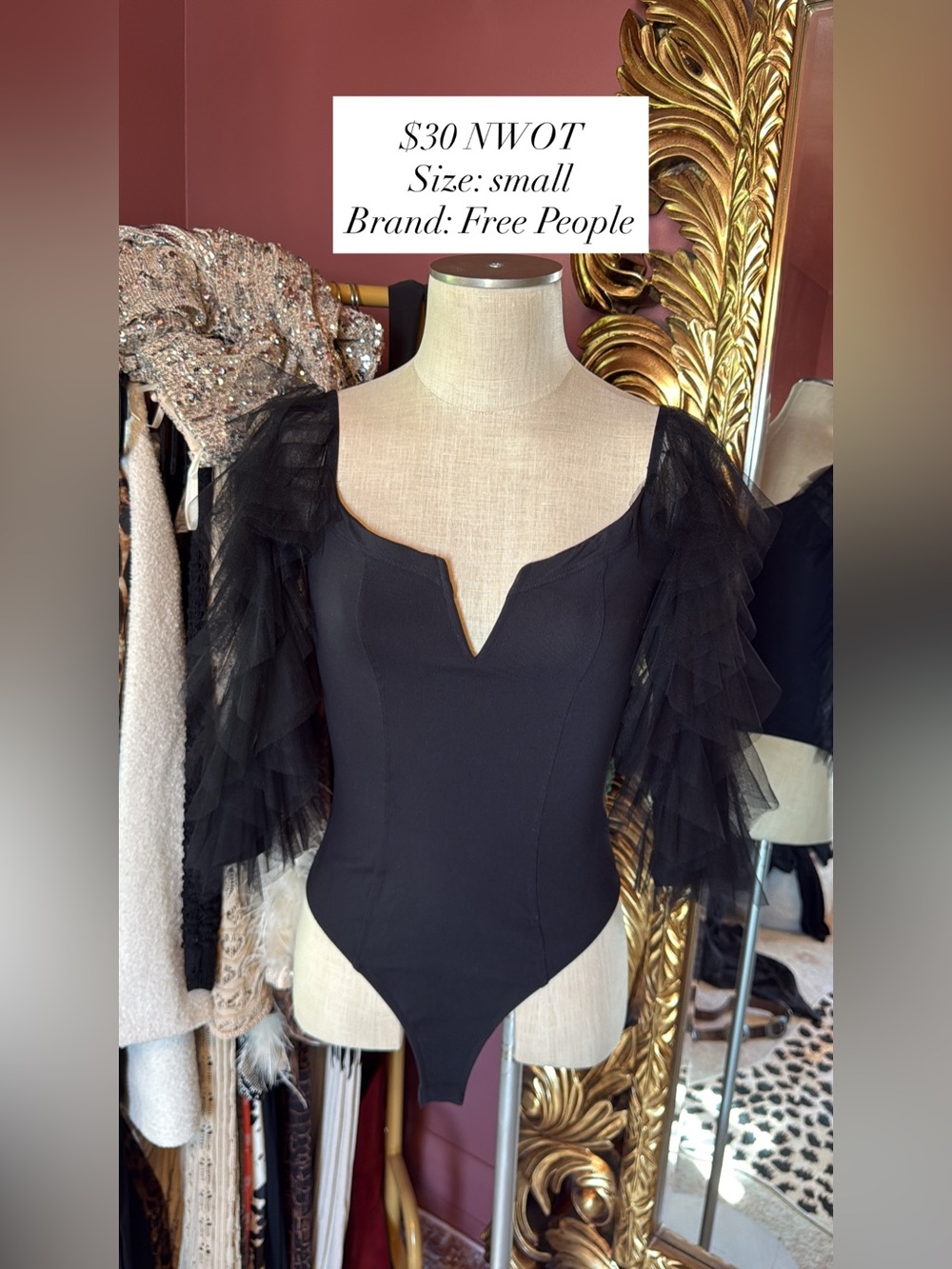 Free People Black Ruffle Sleeve Bodysuit